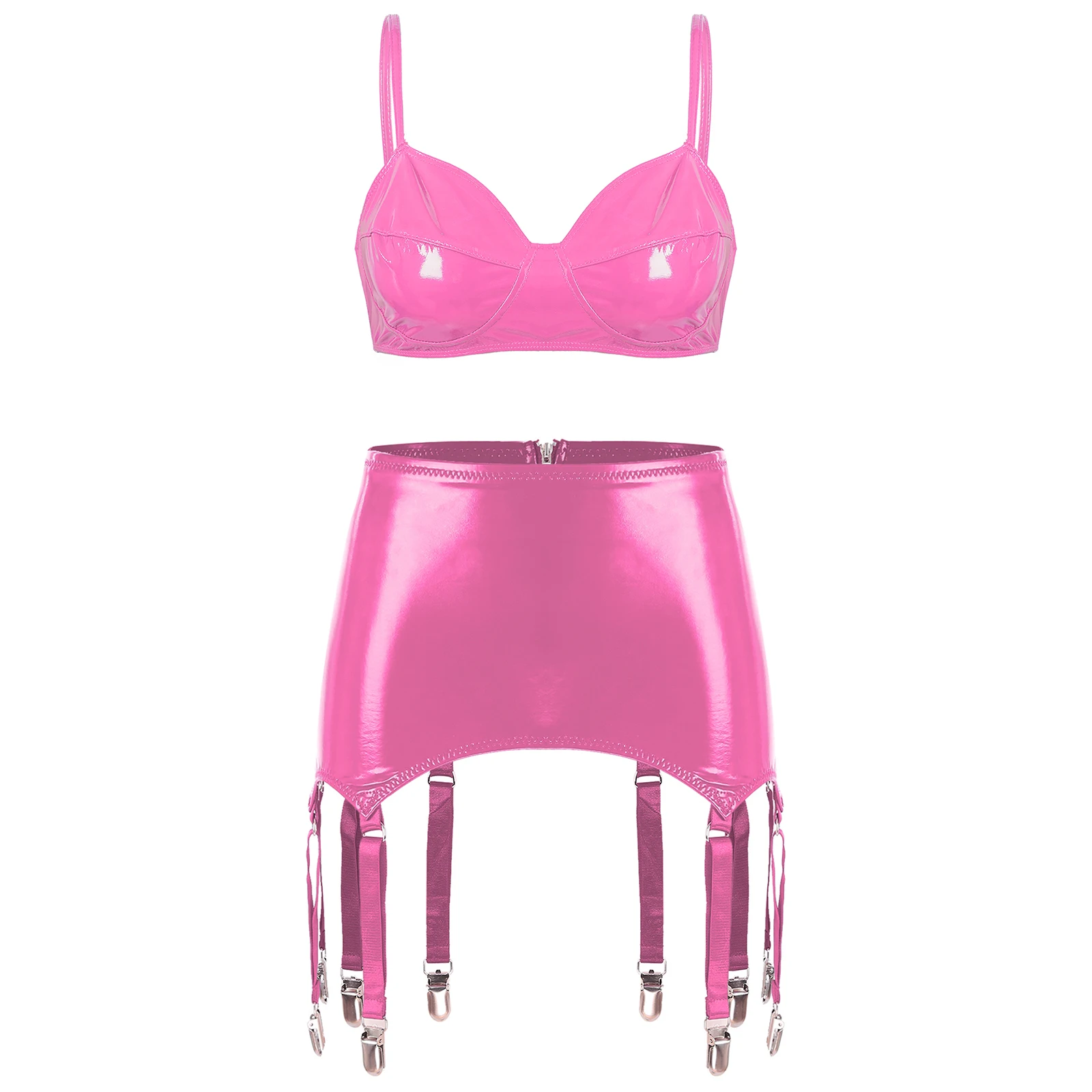 

Sexy Women Patent Leather Bra Set Wire-free No Pad Bra Top with Miniskirt Garter Clips Set Lingerie Bikini Cover Up Costumes