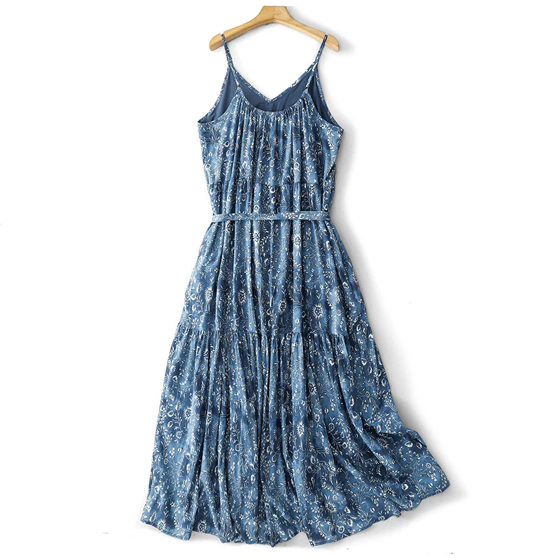 Belted V-neck Floral Printed Blue Cotton Slip Dress Women Summer Holiday Beach Boho Style Sleeveless Midi Long Dress With Pocket