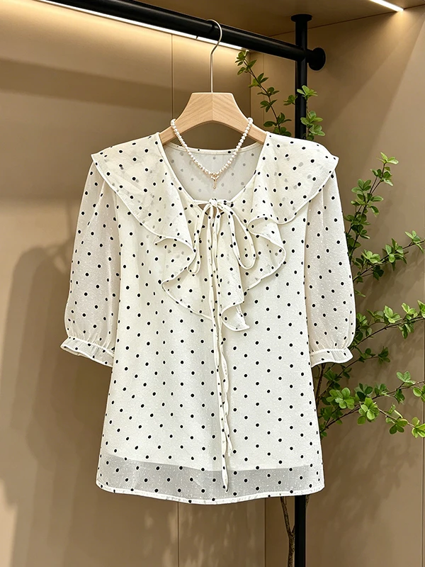 

Large Size Polka Dot Bow Tie Short Sleeve Heart Shirt Women's Fashion Summer New Style Cover Belly Casual Korean Style Top