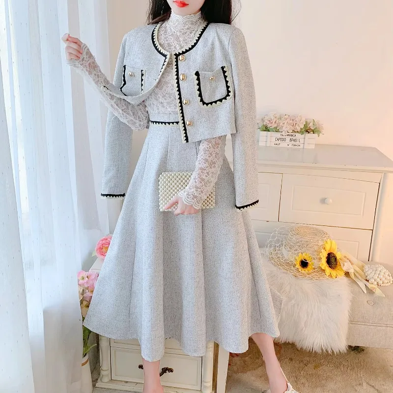 French-style Elegant Vintage Tweed Suit: Youthful High-end Long Skirt Two-piece Outfit, Autumn and Winter New Arrival  Hot Sale