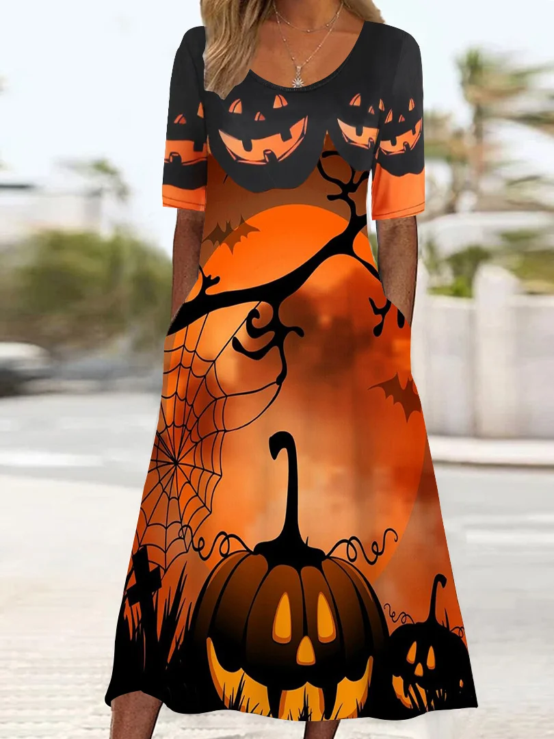 

Plus Size Women's Half Sleeve Scoop Neck Graphic Halloween Pockets Midi DressNyfairy