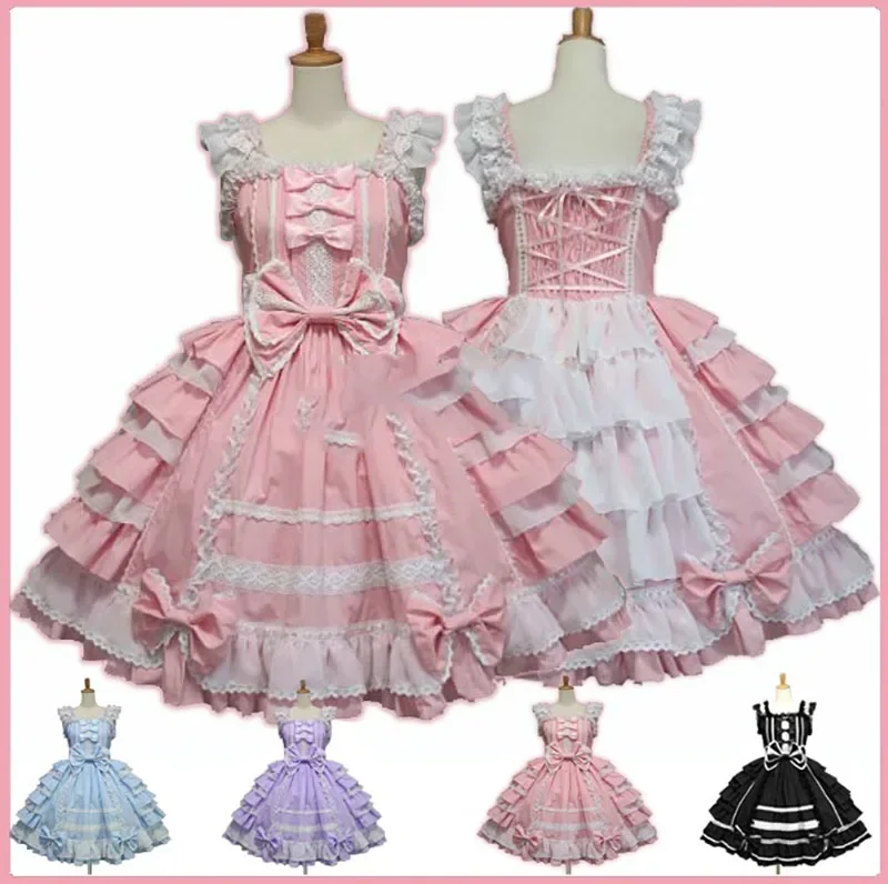 

Women Alice Lolita Angel Pink Cotton Princess Dress Court-Style Gothic Tank Dress Costume Cute Anime Maid Layer Dress For Girls