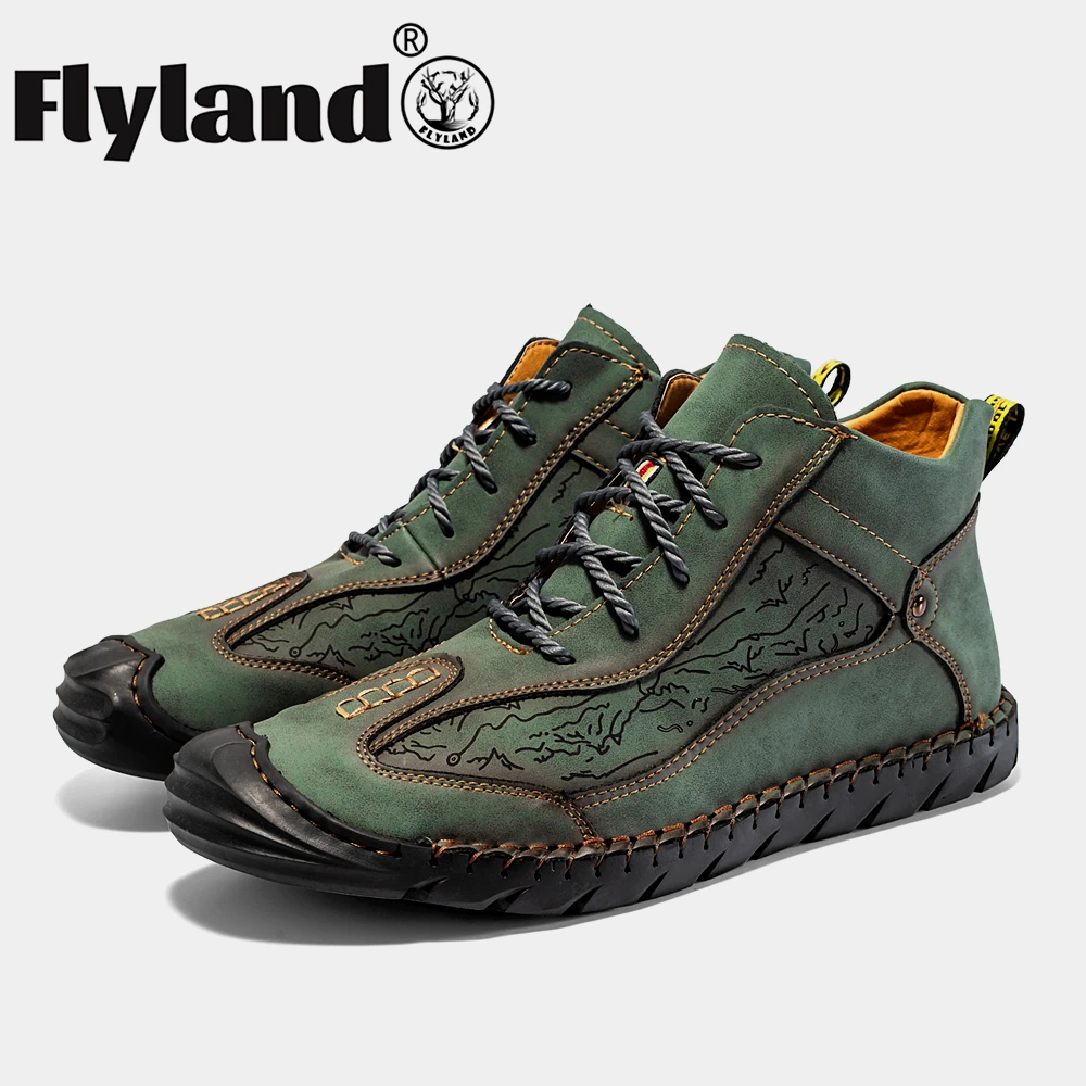 

FLYLAND Leather Casual Shoes Handmade Retro Ankle Boots for Men Breathable Flats Hot Sale Moccasins Lace-Up Botas Hombre