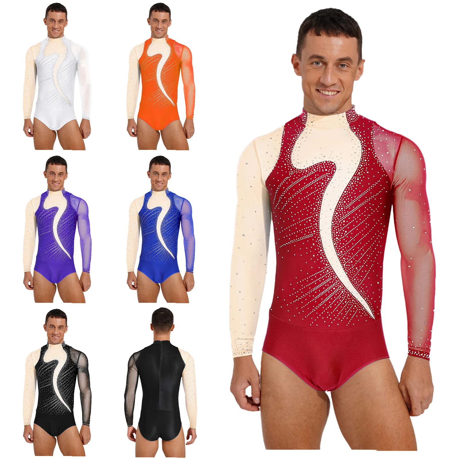 Herren-Overall mit glänzenden Strasssteinen, für Gymnastik, künstlerisch, Eiskunstlauf, Ballett, lateinamerikanischer Tanz, Performance-Kostüm, Reißverschluss, Schritt, Trainingsoverall – Detail 3