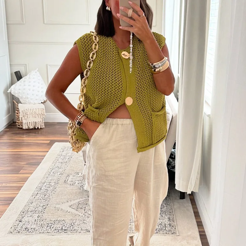 TRAF Green Knitted Top 2024 Women Summer Autumn Elegant Cropped Tank Vest Tops Ladies Fashion Casual Sleeveless Short Sweater