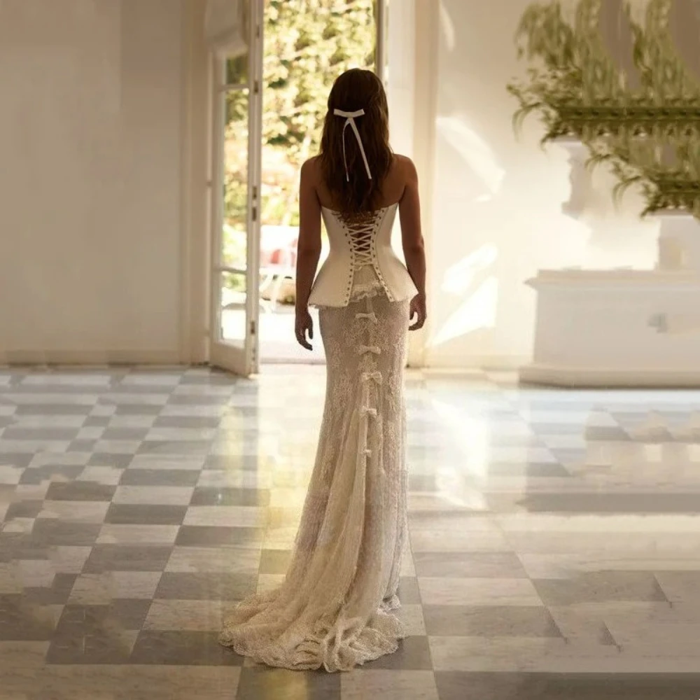 Customized Elegant 2-piece Lace Appliques Mermaid Wedding Dresses Sexy Open Back Lace Up Floor Length Simple Strapless Gown 2026