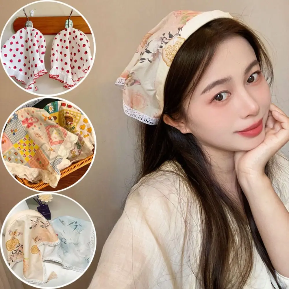 Lazy Person Lace Headscarf Triangle Headscarf Hairhoop Ins Pastoral Style Hair Accessories Triangle Scarf Ink Painting