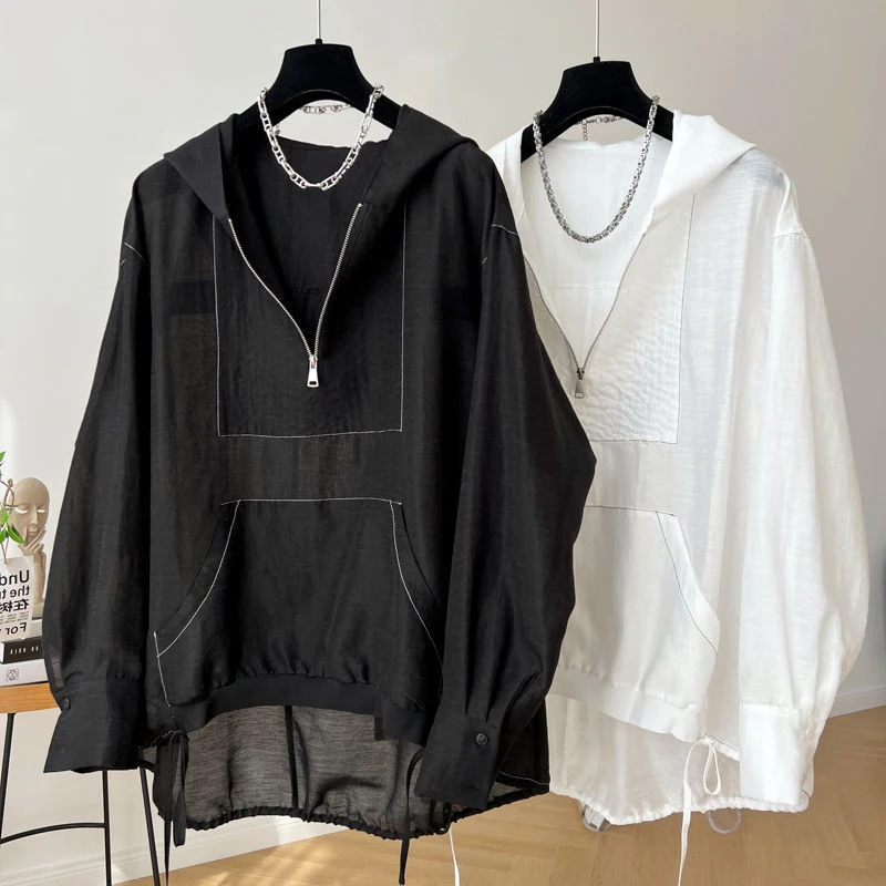

plus Size Summer Thin Long Sleeve Hooded Casual Loose Sun Protection Clothes Women's Fat MM Slimming Sun Protection Dresses