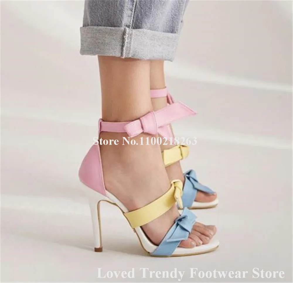 Cute Mixed-colors Bowtie Stiletto Heel Sandals Open Toe Straps Cross Bows Colorful Thin Heel Sandals Party Dress Pumps Big Size