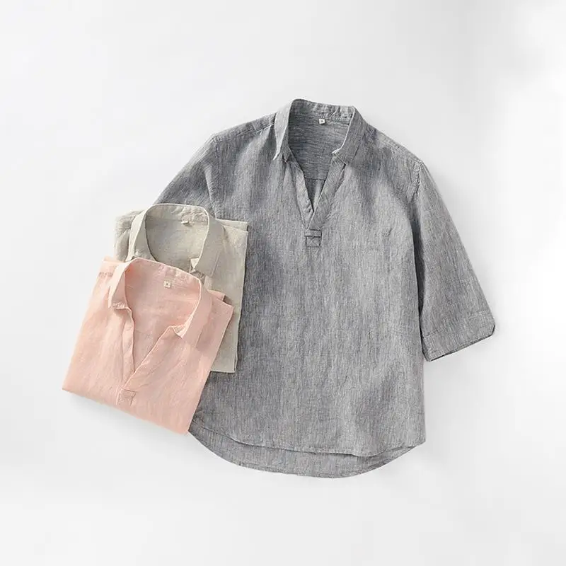 

Linen Men's V-Neck Mid-Sleeve Pullover Shirt Breathable Comfortable Lightweight Summer Casual Plain Color Inner Wear Top