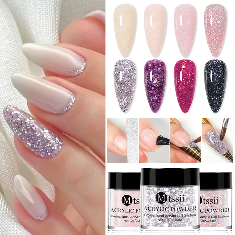 MTSSII Acrylic Powder 10g Glitter Pink Acrylic Nail Professional Polymer for French Nail Extension No Need Lamp Cure