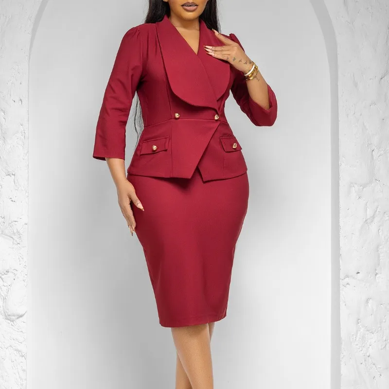 

Two Piece Sets Women Outfits Three Quarter Sleeves Blazer Pencil Midi Skirt Suit Perfect for Office Meetings and Formal Events