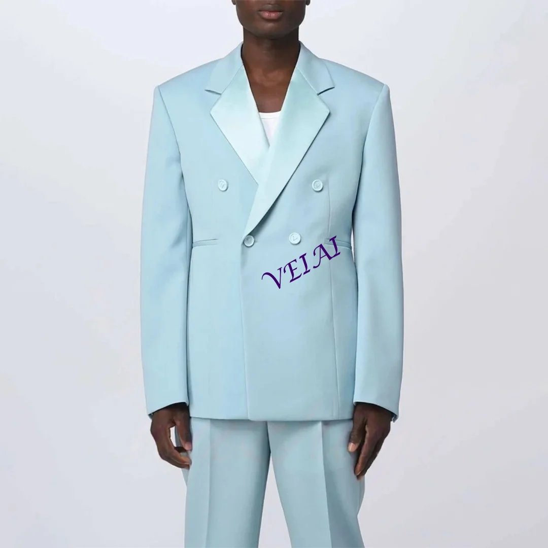 

Formal Sky Blue Men's Suits for Wedding Satin Regular Fit Notch Lapel Business Casual Wedding Party 2 Piece Sets Customized