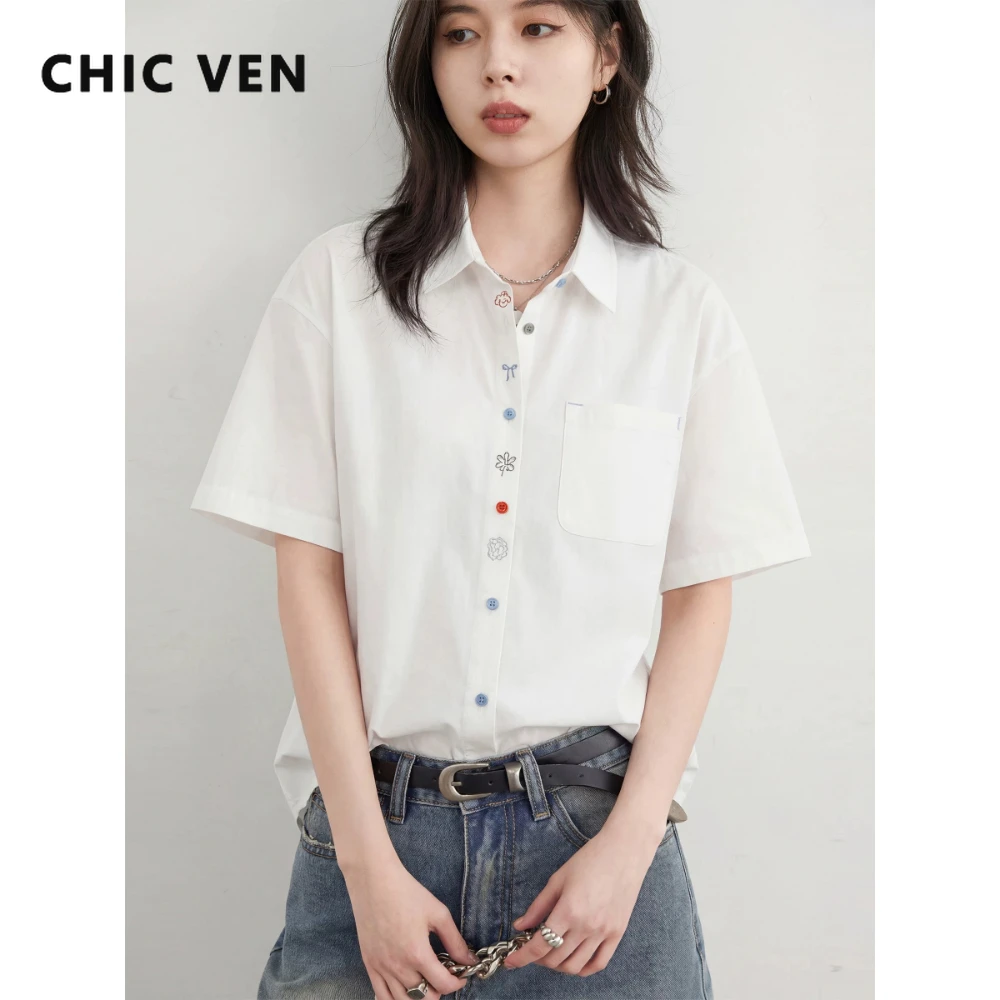 

Модная женская рубашка CHIC VEN с коротким рукавом, свободного кроя, повседневный дизайн, с вышивкой на планке, хлопковая блузка, летняя коллекция 2026