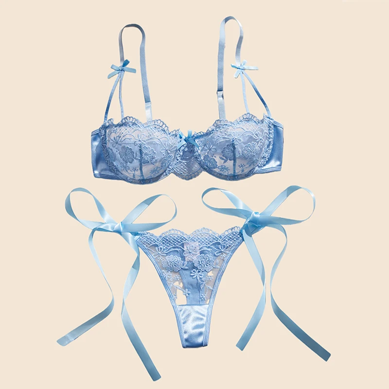 Conjuntos de Lencería Femenina, Bordado Delicado, Lencería Sexy, Conjunto Romántico de Brasier y Bragas Transparentes, Ropa Interior de Encaje Azul Cielo Francés