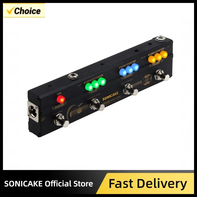 SONICAKE Preamplificador de guitarra acústica de madera sónica DI Box Pedal de reverberación de retardo de coro multiefectos con salida XLR QCE-50