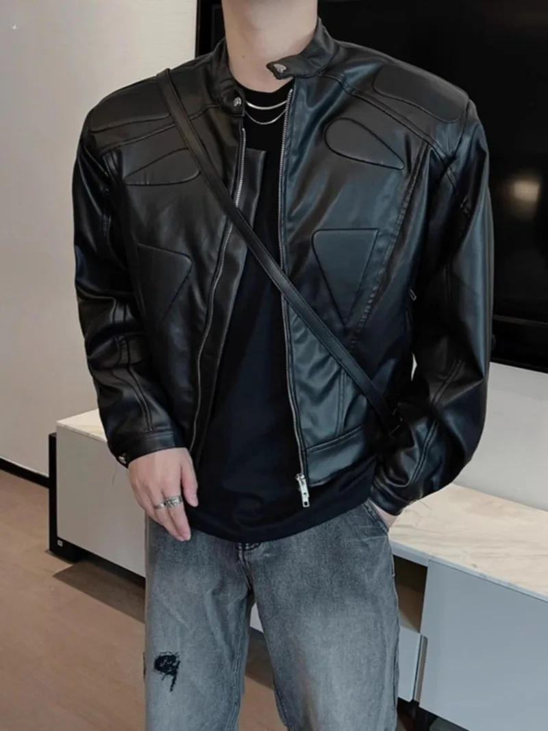 

2025 Spring and Autumn New High-end Niche Motorcycle Coat Men's Retro High Street Shoulder Padded Leather Jacket Male Clothing