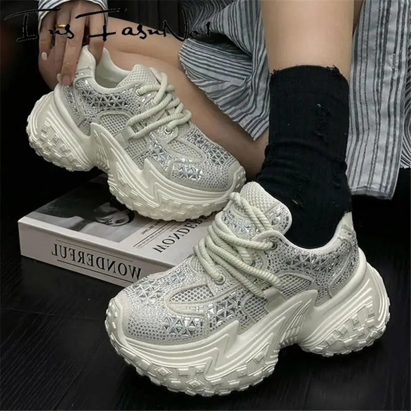 

Fashion Chunky Heel Platform Rhinestones Women Sneakers Luxury Designer Increasing Casual Trainers All Match Female Sport Shoes