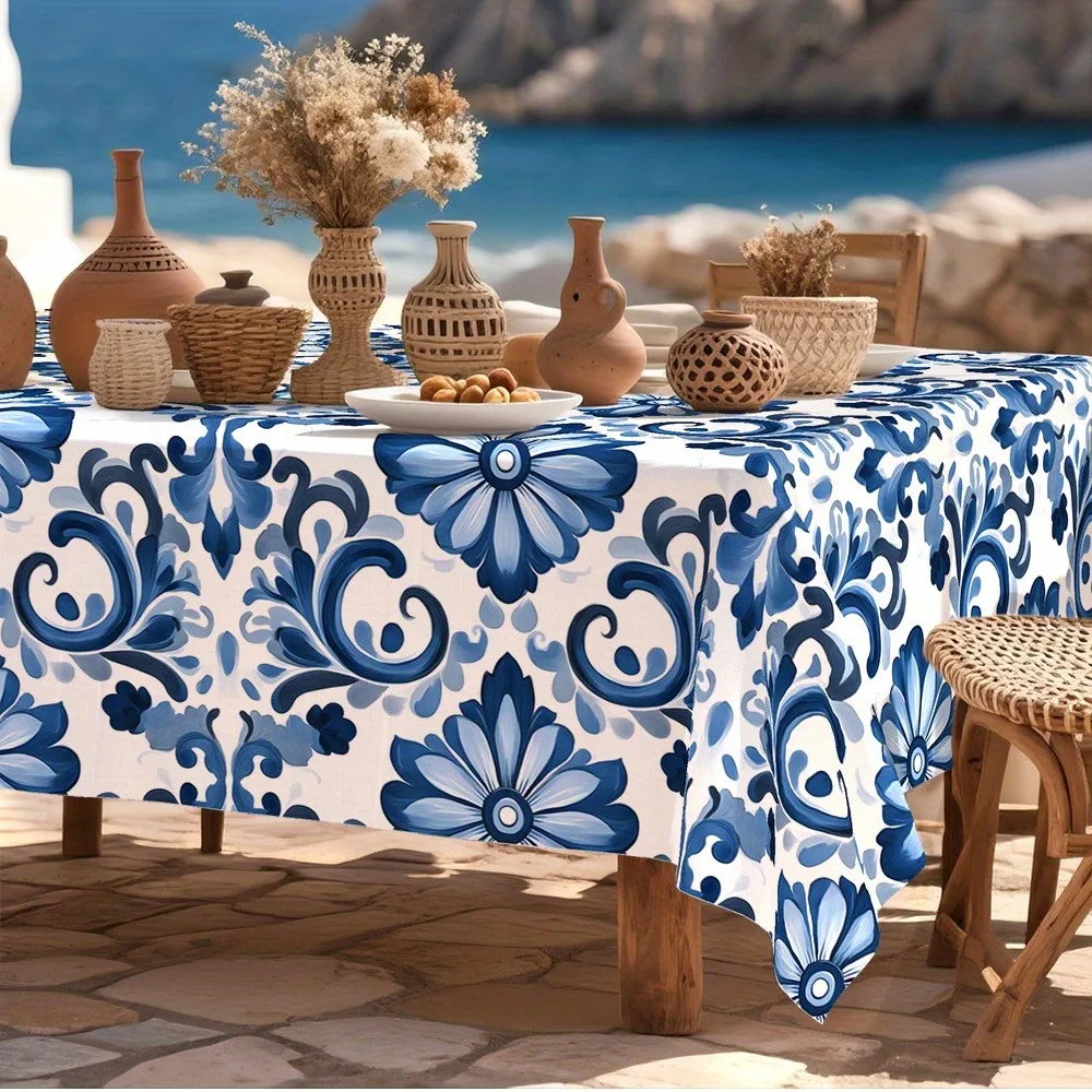 One piece of Mediterranean-style romantic floral tablecloth, with white decoration and blue-white floral pattern.