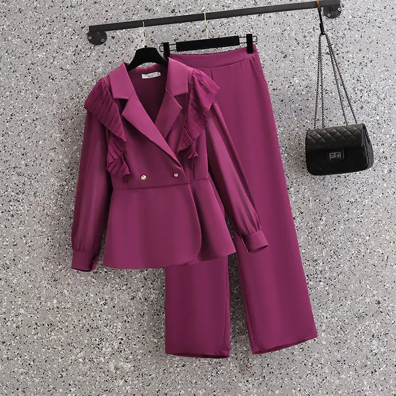 Ruffle Edge Pleated Chiffon Shirt Jacket Casual Wide Leg Pants Two-piece Elegant Women's Pants Set Office Professional Outfits