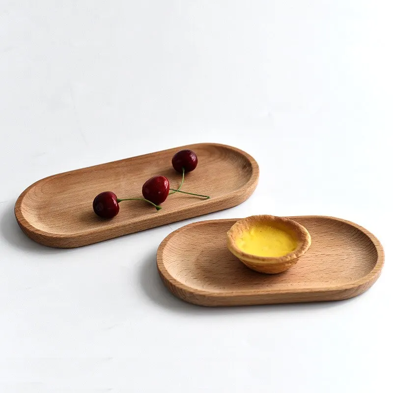 Japanese Tableware Wooden Plate Beech Oval Tray Mini Solid Wood Small Plate Children\'s Whole Wooden Plate Wooden Plate 18cm