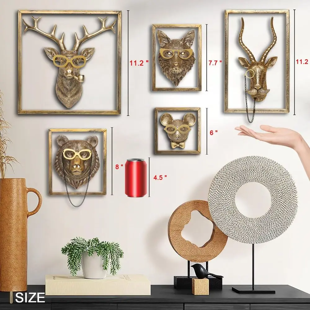 Vintage Gold Animal Heads Wall Art Set - 5 Resin Sculptures with Metal Frame for Home Decor