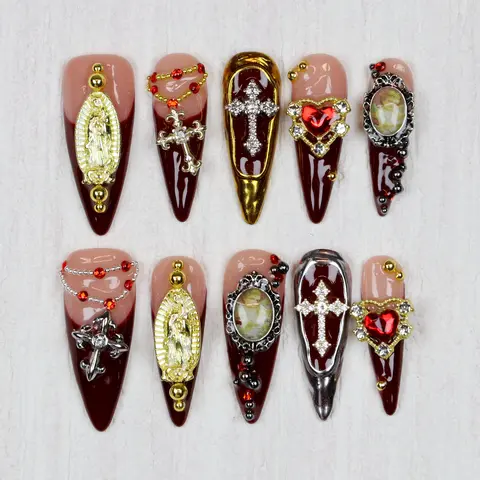 10 st lyxiga långa stiletto press-on naglar, anpassade design krom guld kors jungfru Maria nagelkonst katolska handmålade naglar 10 best sales designer press-on naglar - №4