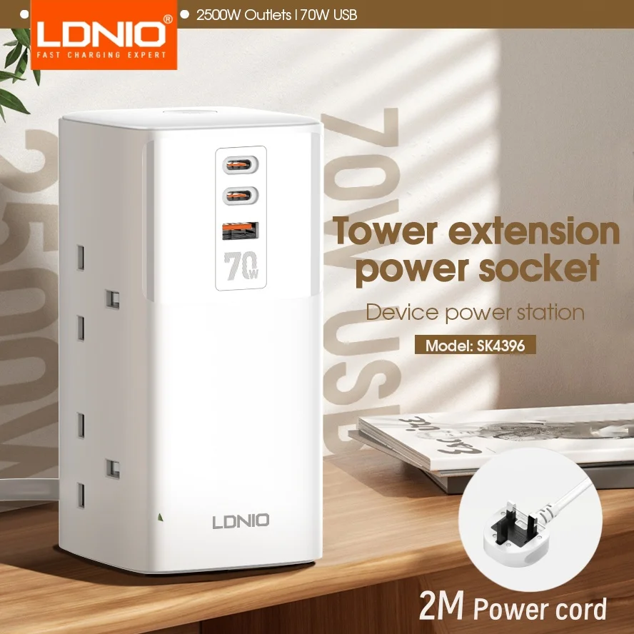 LDNIO Vertical Socket Tower 2M Extension Power Cord USB UK Plug 70W Type C Fast Charging Stations Uk Butt Plug Filters Adapter