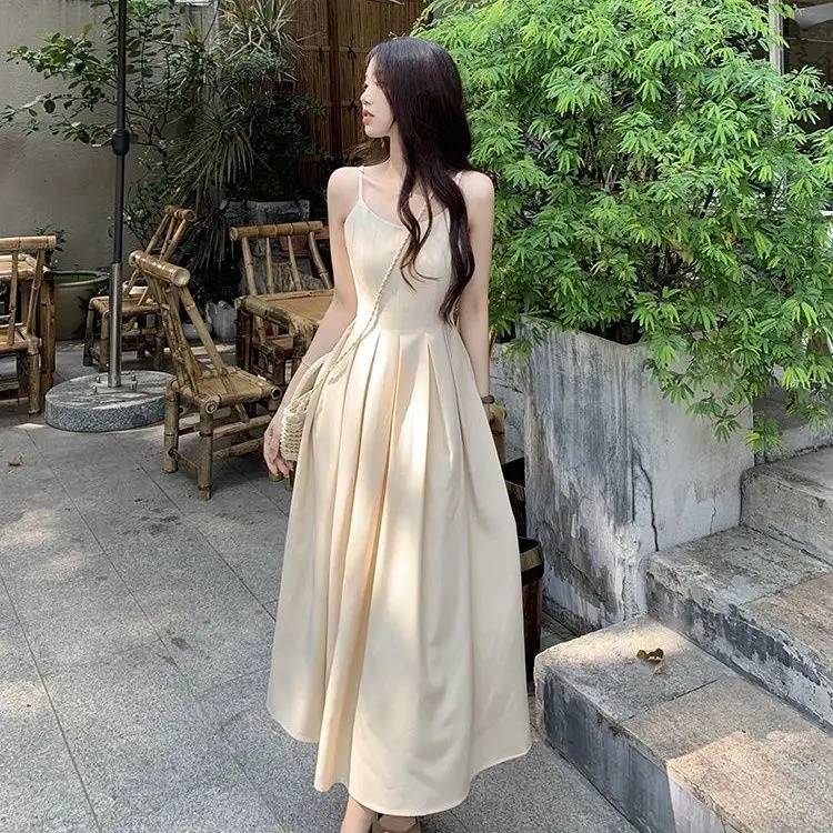 Korea Mouwloze Midi-Jurk Vrouwen Vakantie Zachte Vintage Eenvoudige Vrije Tijd Elegante Zoete Zomer A-Lijn Temperament Vestidos