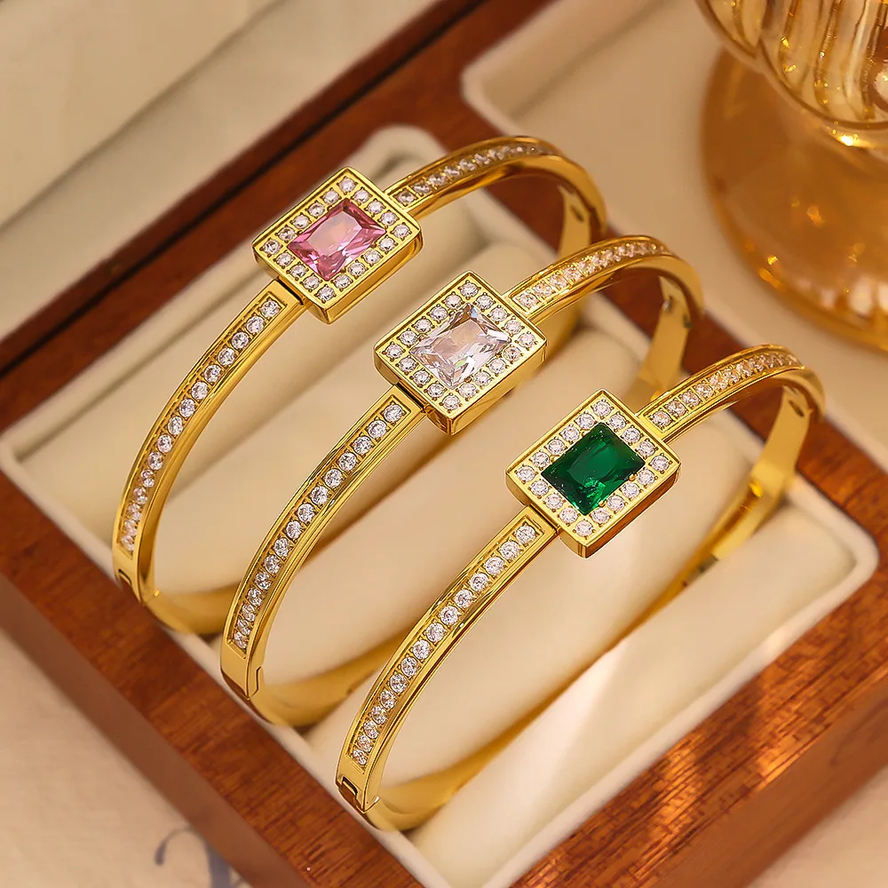 

Vintage Colorful Crystal Titanium Steel Bracelet with AAA+ Zircon 18K Gold Plated Waterproof Cuff Bangle Jewelry for Women Gift