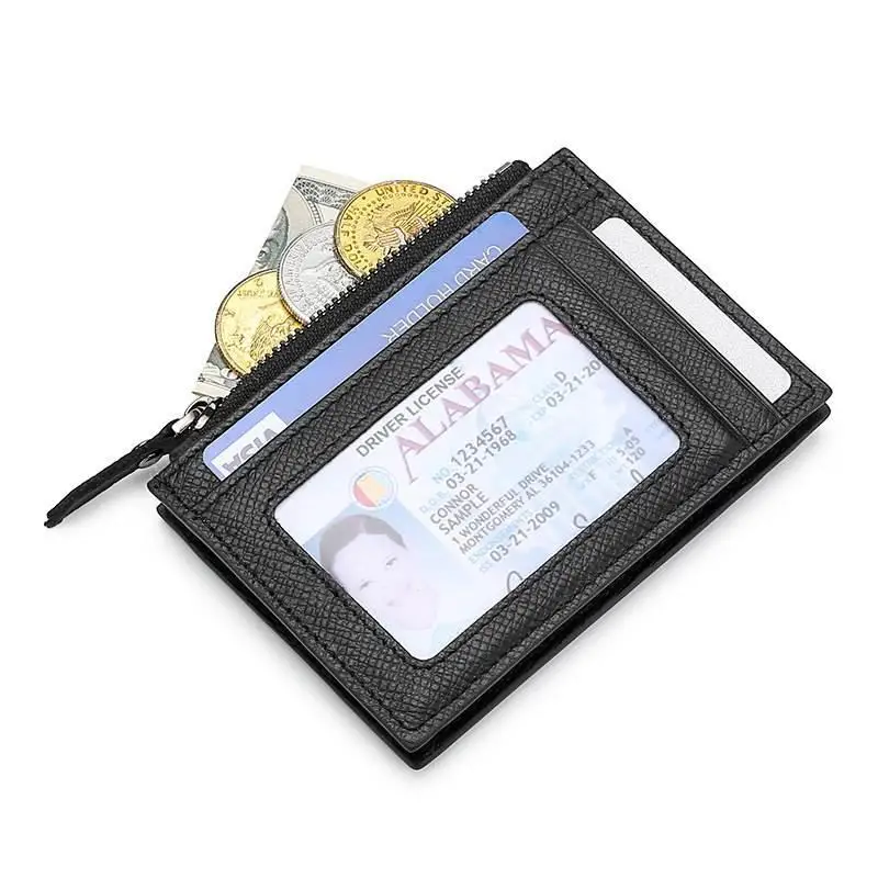 Ultra-Thin Genuine Leather RFID  Wallet Hand-Painted Cross-Grain Zipper Pocket Small Coin Purse for Elderly Men And Women