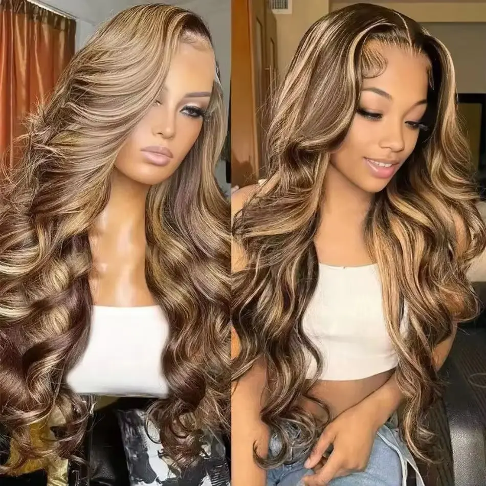 Highlight Piano Color Body Wave 36 Inches 200% Density 13x6 13x4 HD Transparent Lace Frontal Wig P4/27 Human Hair Wigs Pre Plucked Brazilian Hair For Women