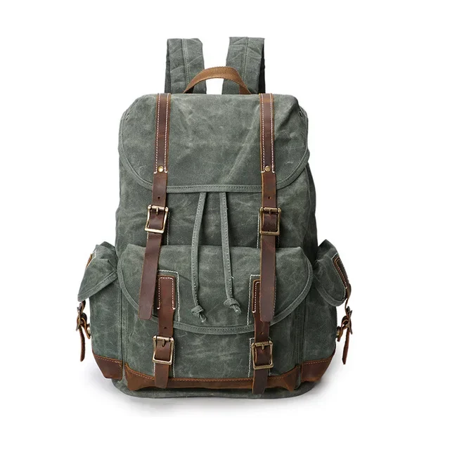 Vintage Oil Wax Canvas Backpack Men Leather Military Waterproof Travel Shoulder Bag High Quality school Bag Laptop Backpack