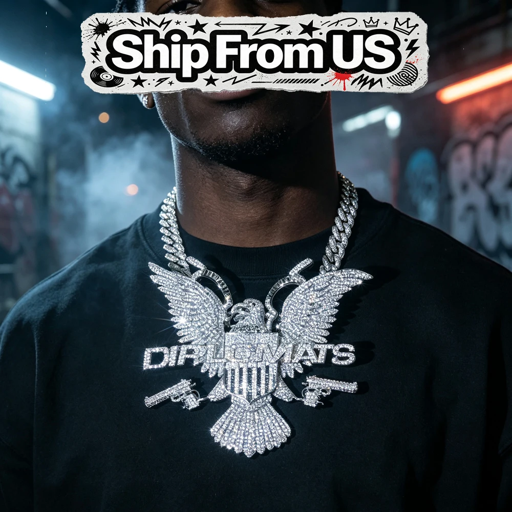 3D Hip Hop Pendant 18K Gold Plated Dual Pistol Gun Hollow Letter Bling Crystal Charm Iced Eagle Cubic Zircon Cuban Chain Neckalce Accessory Pendant Gift Male Rapper Club Party Eagle Medallion Fine Jewelry Gifts for Men Boy Friends