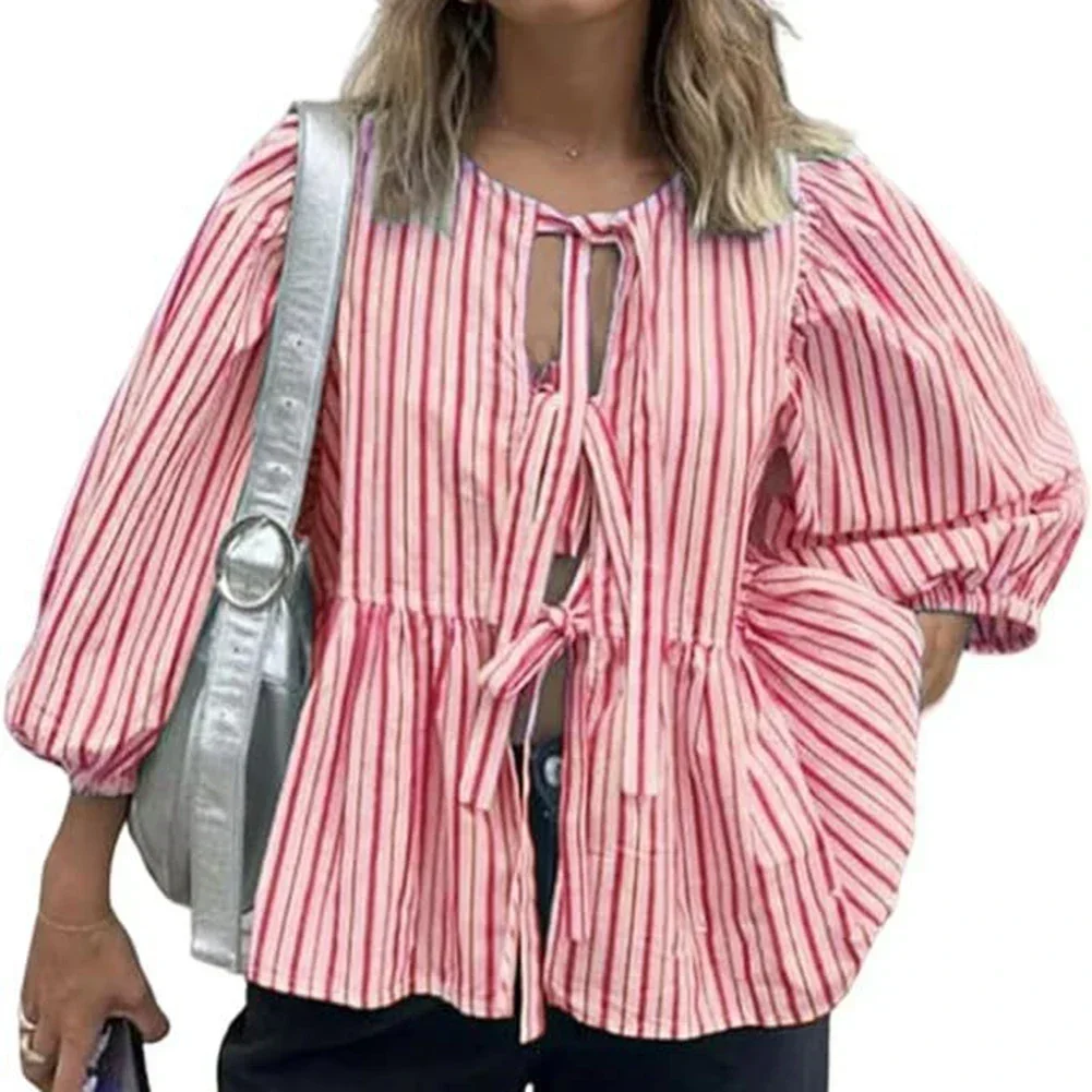 Women Lace Up Loose Puff Sleeves Soft Shirts Fashion All-match Bow Sweet Tops