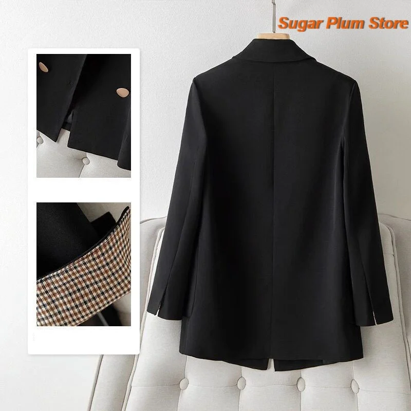 French Minimalist Women's Early Autumn New Retro British Style Loose and Slim High-end Double-breasted Black Lapel Suit Jacket