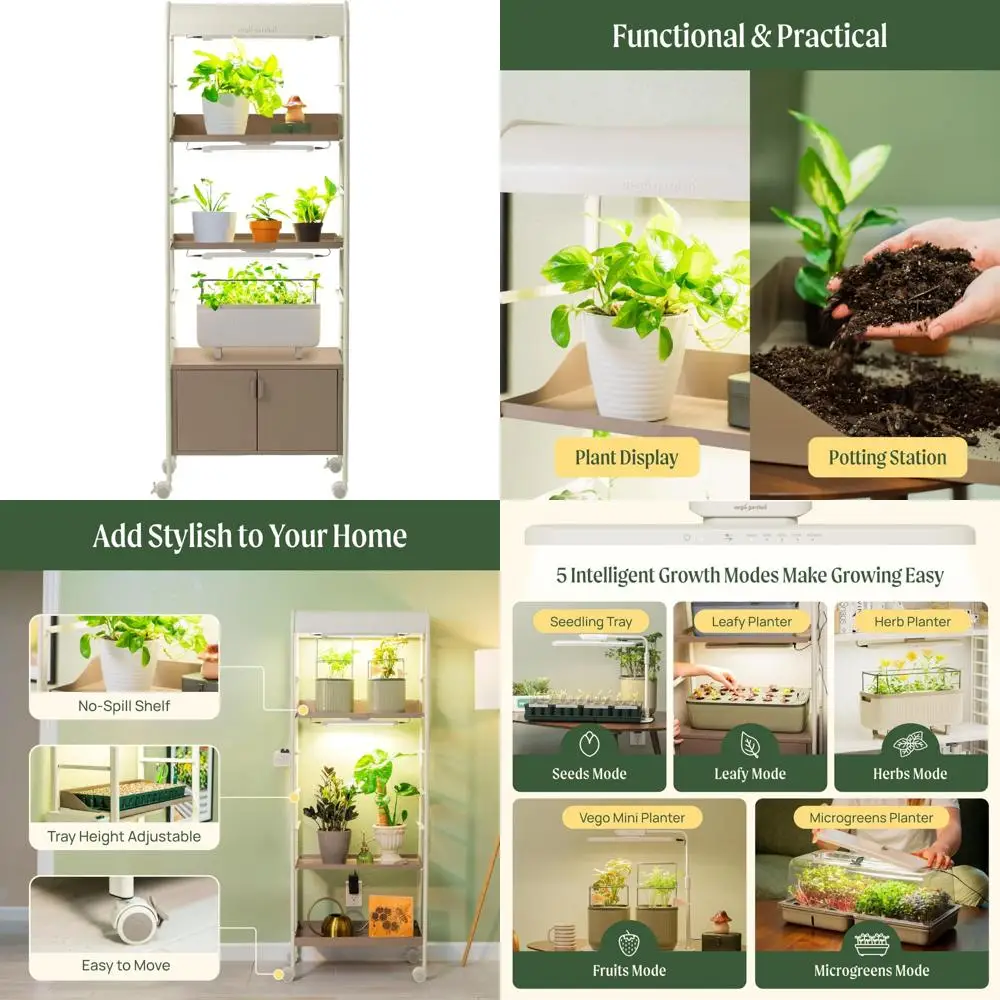 

Indoor 4-Tier Rolling Metal Plant Stand with Storage and Full Spectrum LED Grow Light for Corner Display