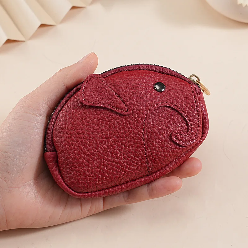 Mini bolsa de couro macio real, chaveiro de elefante fofo, bolsa de moedas com zíper japonês, bolsa de armazenamento feminina