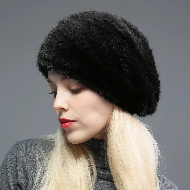 

Women's Real Mink Fur Hat Winter Warm Beanie Cap Headwear Ski Hat Casual Travel Black Brown