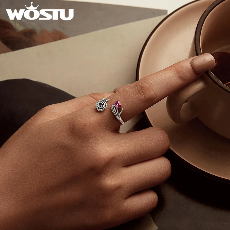WOSTU 925 Sterling Silver Red Rose Ring Spider Skull Flying Dragon Vintage Iris Open Ring for Women Fine Jewelry Christmas Gift view 5