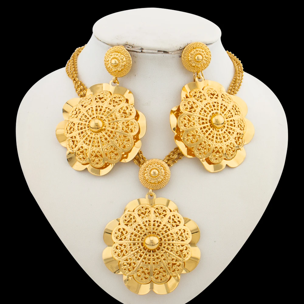 Dubai Gold Color Jewelry Set for Women Large Size Flower Pendant Necklace and Earrings Hollow Out Bangle Ring Set Bride African