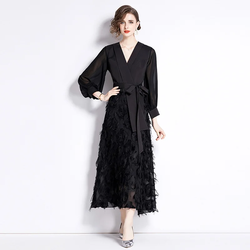 High Quality Elegant Autumn Spring Black Long Dress Designer Fashion Women V Neck Puff Sleeve Tassel Lace Up Belt Maxi Vestidos