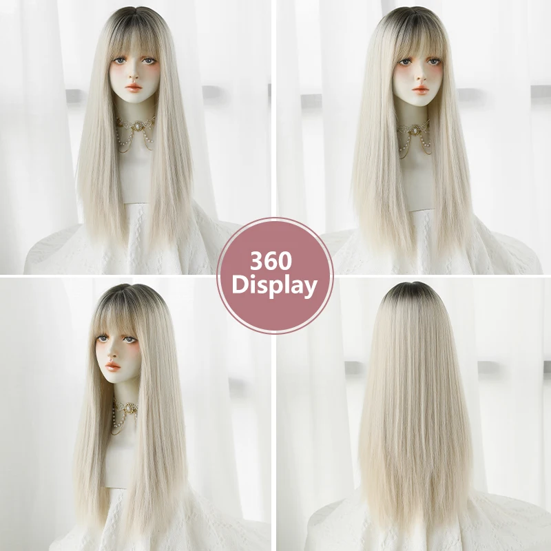 7JHH WIGS Costume Wig Synthetic Long Straight Ombre Blonde Wigs with Dark Roots High Density Ash White Wig for Women Cosplay Wig