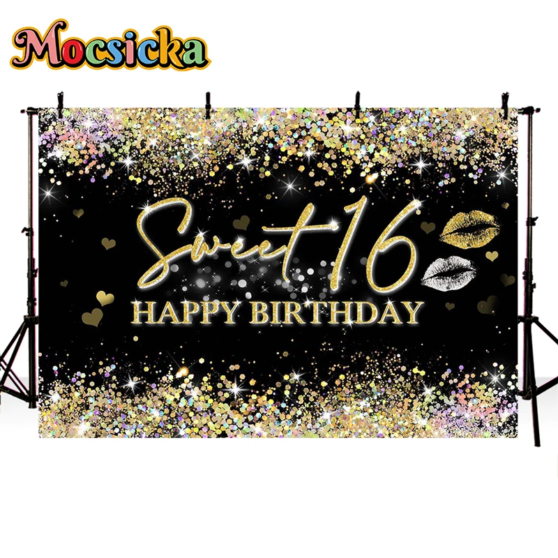 Mocsicka Glitter Sweet 16 Backdrop Girl 16th Birthday Party Photo Background Diamond Decoration Photography Backdrop