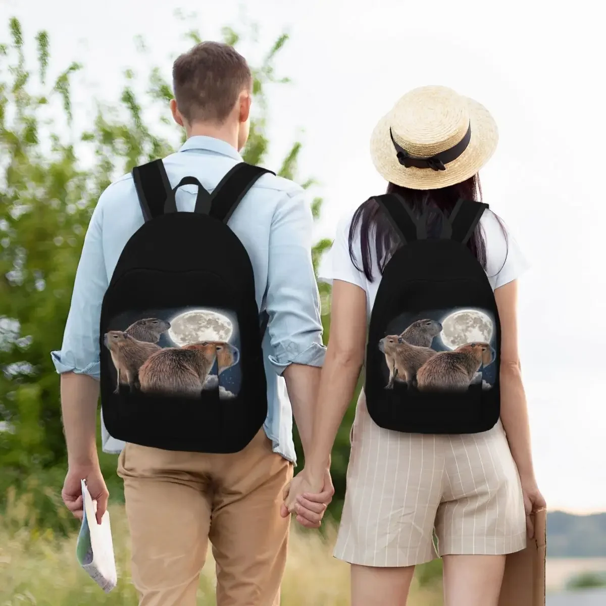 Personalizzato tre Capybaras e luna zaini di tela uomo donna moda Bookbag per scuola College divertenti borse capibara