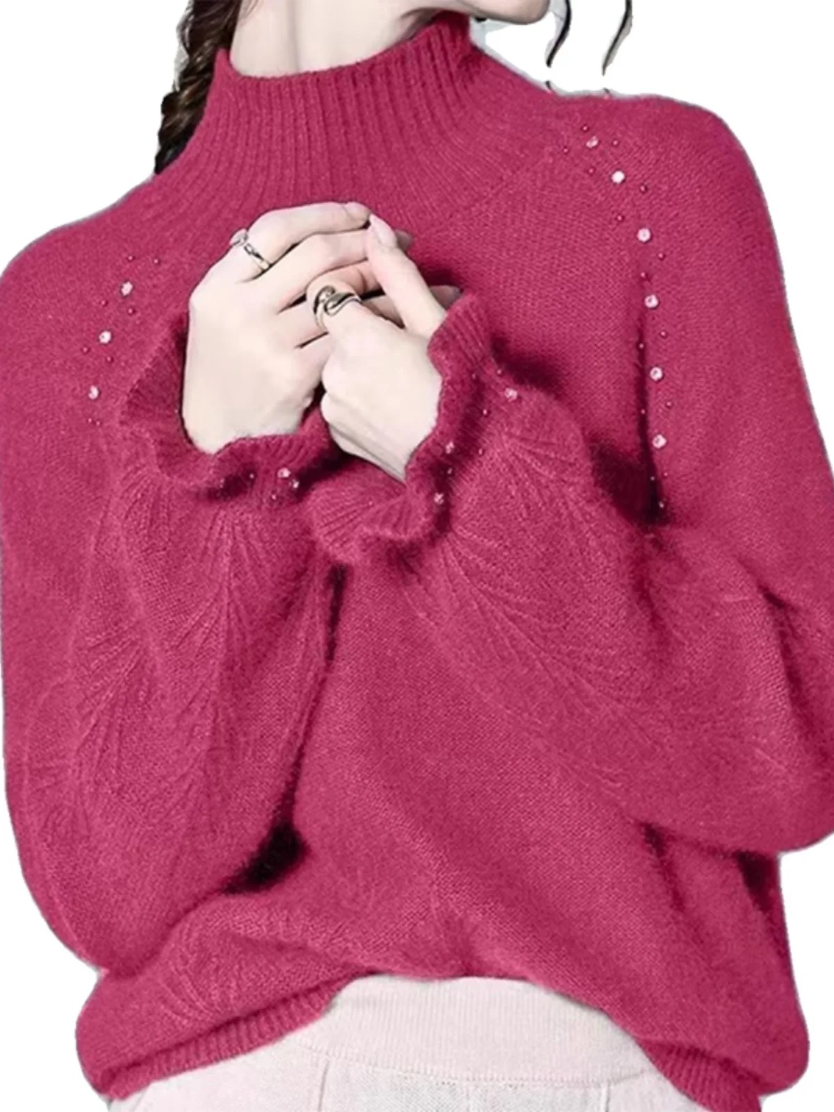 Heavy Embellied Loose Knitted Sweater Women's Autumn Winter High Collar Casual Inner Wear Comfortable Retro Sle Long S...