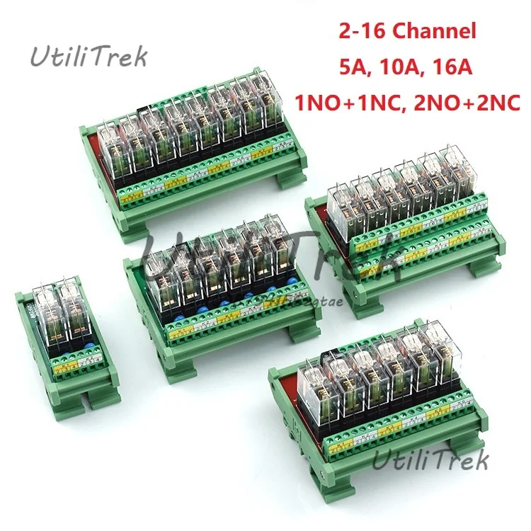 

2-16 Channel PLC Signal Amplifier 5A 10A 16A Pluggable Relay Module 12V 24V 1NO+1NC 2NO+2NC NPN/PNP Compatible DIN Rail Mount