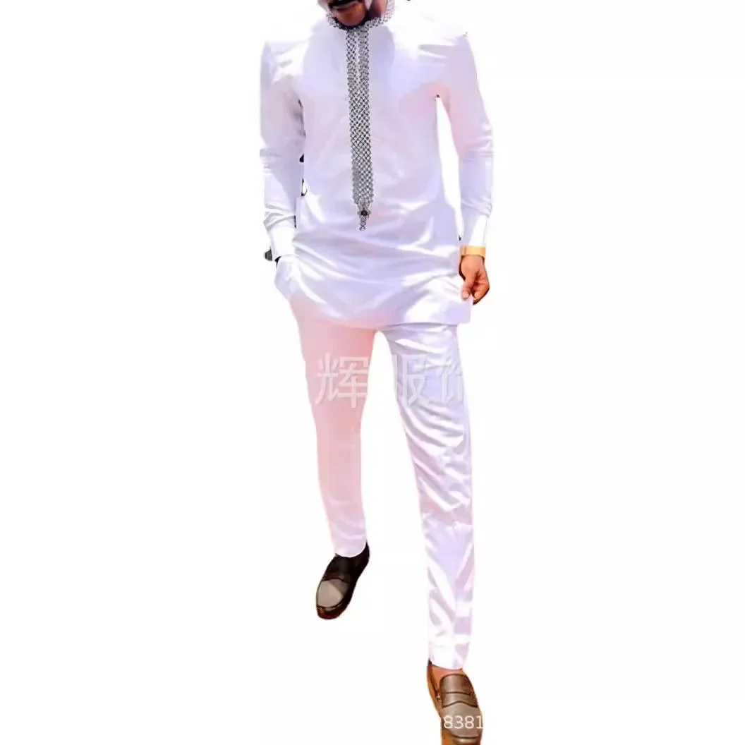 LIBIELIY Completo da uomo slim stampato Abito da uomo ricamato a maniche lunghe in stile etnico africano Abbigliamento tradizionale 2 pezzi Lux