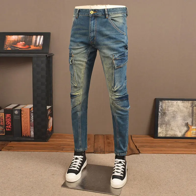 Street Designer Mode Mannen Jeans Retro Blauw Stretch Slim Fit Grote Zak Denim Cargo Broek Mannen Y2K Hip Hop Biker Jeans Homme