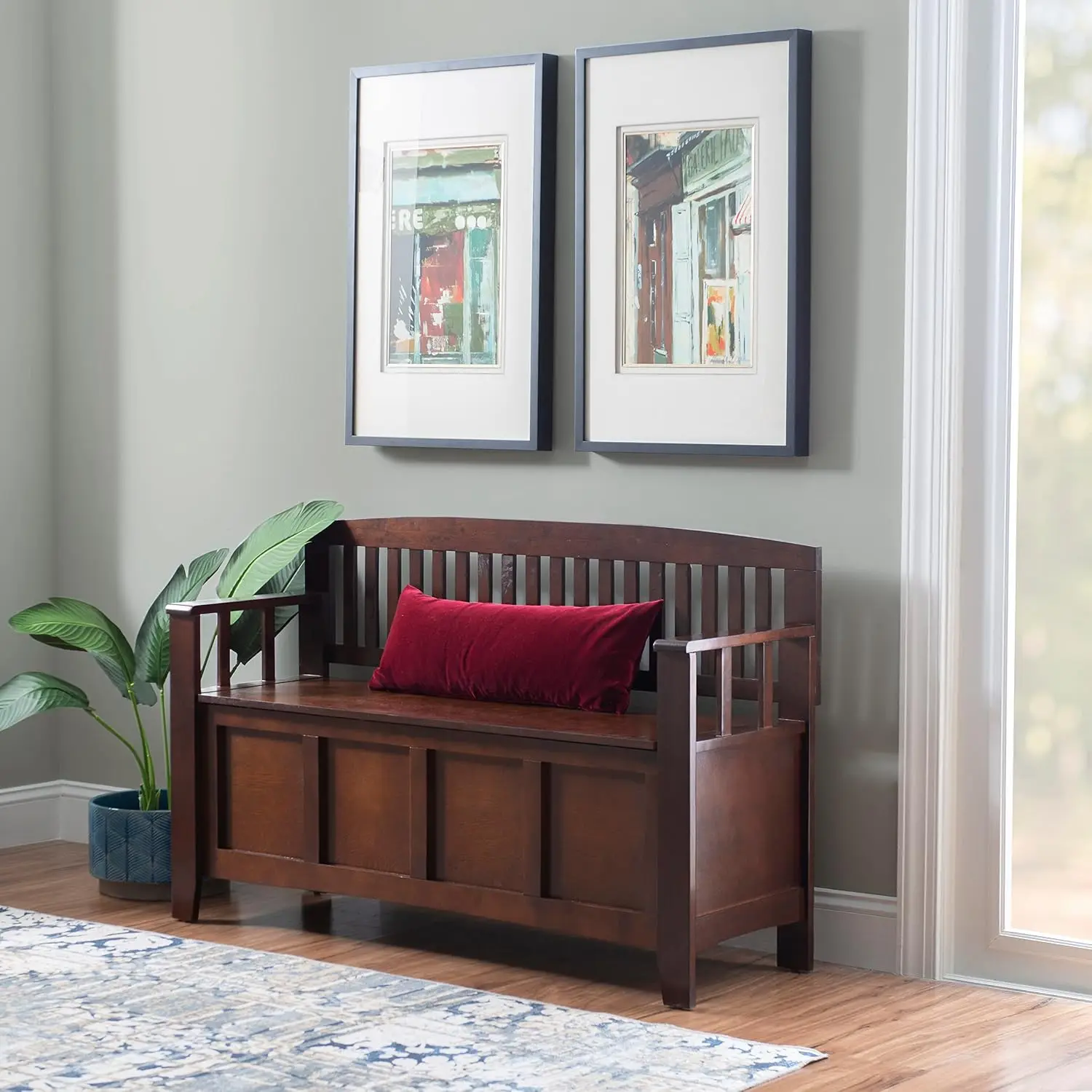 Storage Bench Wooden Entryway Bench Storage Trunk Seating Bench With Backrest Armrest Safety Hinge Lower Storage Compartment Hallway Bench For Living Room Bedroom Walnut
